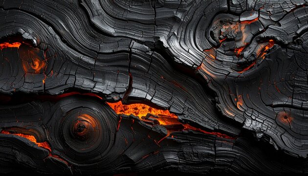 Intense glowing embers peek through cracked charred wood texture, evoking raw power and primal energy
