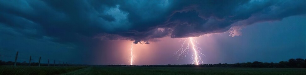 Dark, ominous clouds fill the sky above a dramatic landscape as lightning flashes in the distance, foreshadowing a powerful thunderstorm  Heavy rain threatens to fall ,  flash,  tempest,  lightning