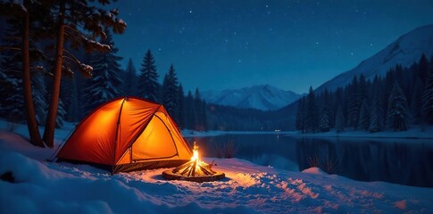 Cozy camping scene at night, warm fire glowing in foreground, tent illuminated, stars visible in the sky Perfect for winter camping, hygge, and outdoor adventure themes , mountains, log