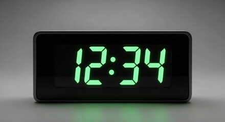 Digital clock displaying the time 12 34 with bright green numbers for focus concept, time management, efficient scheduling, and countdown urgency in modern minimalist style