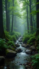 Obraz premium A stream running through a lush green forest filled with trees.