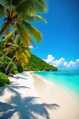 Idyllic tropical beach scene, white sand, turquoise water, swaying palm trees, vibrant foliage, perfect for vacation imagery, relaxation, paradise found ,  tranquil,  hawaii