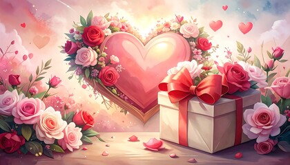 Romantic heart-shaped gift with roses