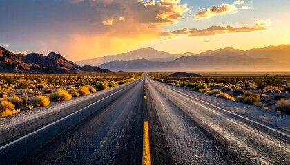 Fototapeta premium Asphalt highway stretching into a desert sunset