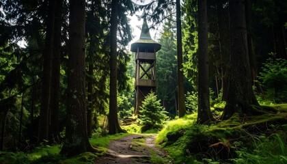 Wooden lookout tower in a dense forest. Sunlight filtering through the trees