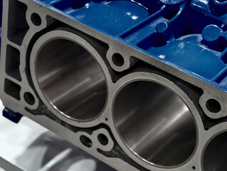 Engine block with precision machined cylinders showcased in a workshop environment during daylight...