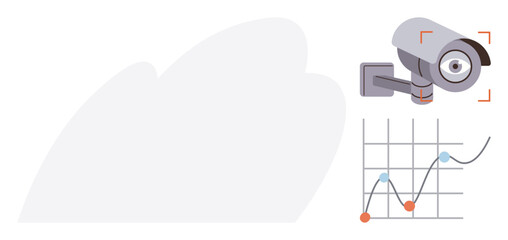 Surveillance camera observing data chart with points and lines, linking technology and security. Ideal for analytics, monitoring, data security, technology, surveillance systems, insights, trends