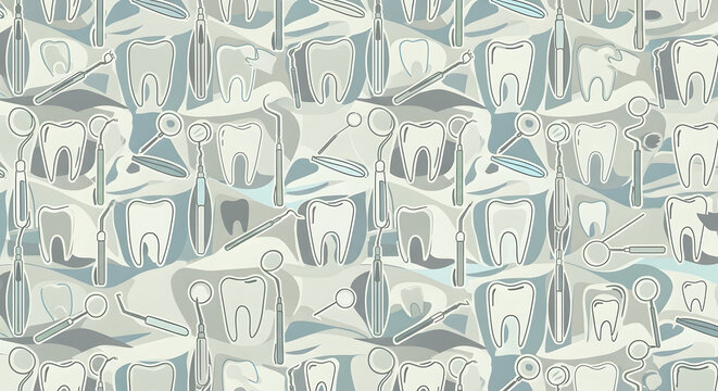 Seamless pattern of dental tools and teeth in abstract pastel background
