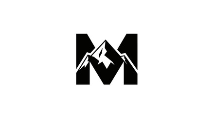 Monochrome majestic mountain emblem formed by letter M for adventure brands and logos