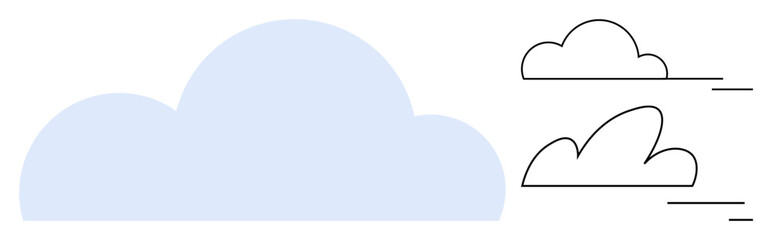 Blue cloud filled shape and two outlined clouds in motion with dynamic lines conveying wind or speed. Ideal for weather, environment, technology, clean energy, communication, data, simple landing