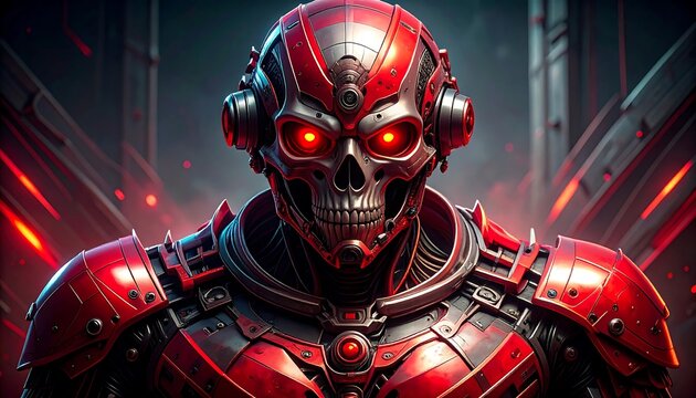 Cybernetic skull warrior in red armor