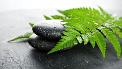Spa Still Life: Stacked Black Stones and Lush Green Fern on Dark Slate
