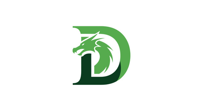Symbolic green letter D monogram design with a stylized dragon head emblem incorporated within the - Powered by Adobe