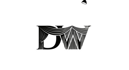 Elegant and theatrical DW monogram logo with draped curtains and subtle spotlight detail