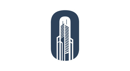 Abstract architectural logo showcasing urban building design on oval shape blue background