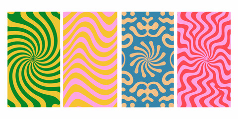 Four vibrant retro abstract patterns with swirling and wavy designs in a vertical layout