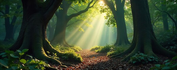Deep shadows dance across a sun-dappled forest floor, ancient trees creating a mystical atmosphere  Perfect for fantasy or nature projects ,  natural,  ecology