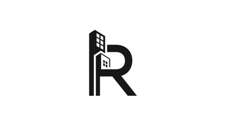 Stylish letter R building logo showcases modern real estate design with urban architecture concept