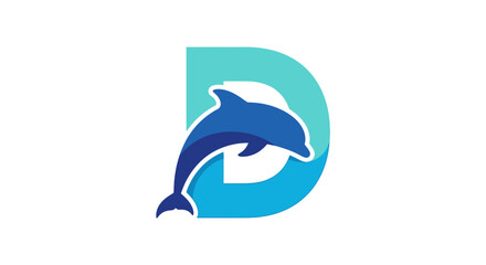 Aqua Letter D Emblem with Leaping Dolphin Silhouette for Marine Brand Identity