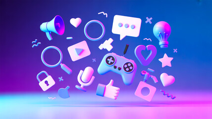“3D neon-gradient icons—megaphone, controller, speech bubble, magnifying glass, play, heart—float on purple-blue background