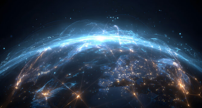 Global International Connectivity Background/Connecton lines Around Earth Glob, Blockchain network concet. Futuristic Technology Teme Background with Light ffect