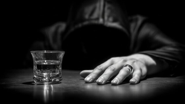 A grayscale image of a slumped figure with a drink, evoking a sense of despair and loneliness.