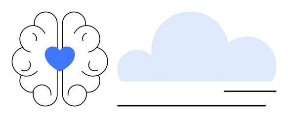 Brain outline with embedded heart next to minimalistic cloud icon, symbolizing harmony of emotion and cloud computing. Ideal for tech, balance, AI, innovation, mindfulness, healthcare, education
