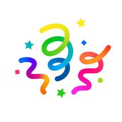 Vector Birthday Confetti Icon. 3D Gradient Element with Gradient Ribbons and Stars. Carnival Celebrate Fun Fireworks. Festive Confetti Color Illustration.
