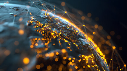 Connection lines Around Earth Globe, Futuristic Techology Theme Background wit Light Effect, 3D illustraion. Glowing Yellow dots.