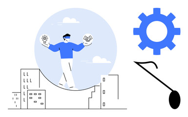 Businessman balancing light bulb and handshake icons over cityscape, gear and magnifying glass nearby. Ideal for innovation, teamwork, business strategy, risk management, leadership, problem-solving