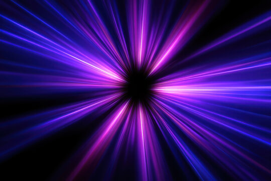 Abstract cosmic explosion of purple and blue light streaks emitting from a dark center