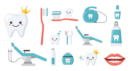 Fototapeta premium Cute Dental Care Icons with Happy Tooth Characters and Professional Equipment