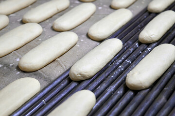 Dough loaves resting on racks in a bakery plant ready for baking and further processing