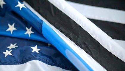 Close-up of an American flag with dark blue/black stripes