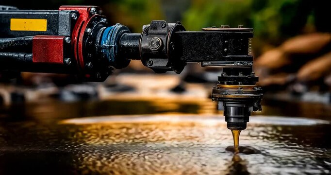 Automated sampler arm reaching into a river sample