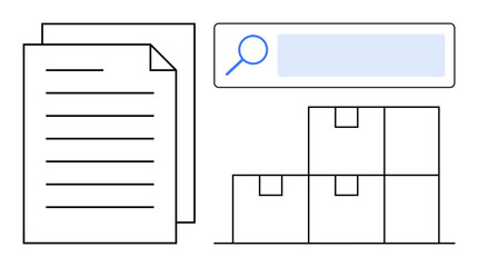 Stacked boxes, search bar with magnifier, and documents symbolizing inventory management, logistics, documentation, organization, search functionality, office workflow, simple landing page