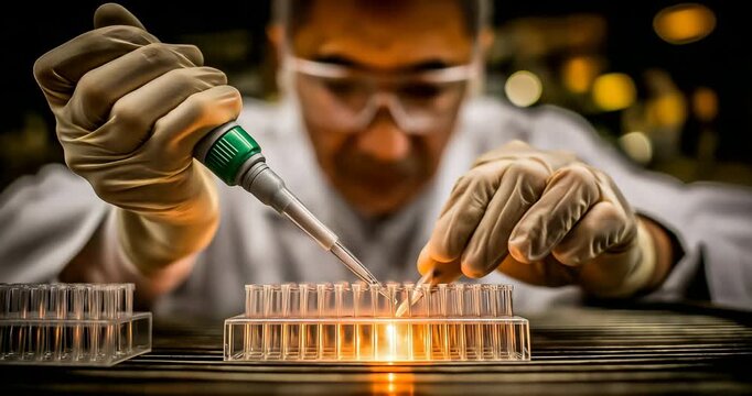 Scientist pipetting into microplate under fume hood
