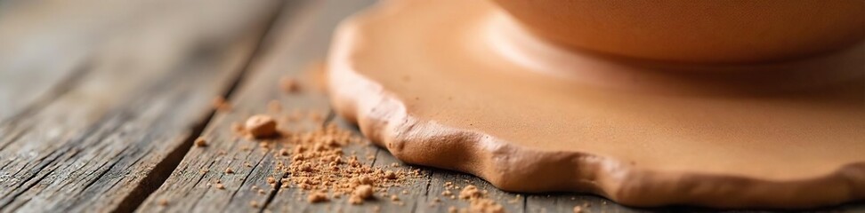 Close-up view of smooth, moist pottery clay ready for shaping on a rustic wooden surface  Natural earth tones, perfect for craft projects and art backgrounds , modeling, design