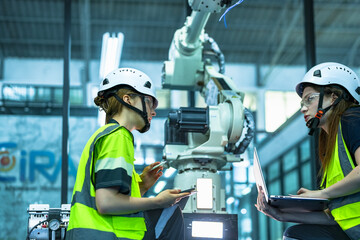A female automation engineer calibrates a 6-axis industrial robotic arm on a production line. She...
