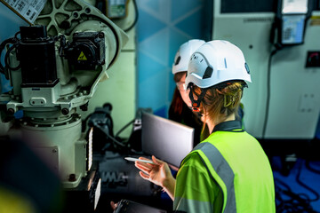 A senior technician provides on-the-job training to an apprentice engineer. They are reviewing a preventative maintenance procedure on industrial machinery using a digital checklist.