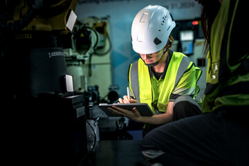 A senior technician provides on-the-job training to an apprentice engineer. They are reviewing a preventative maintenance procedure on industrial machinery using a digital checklist.