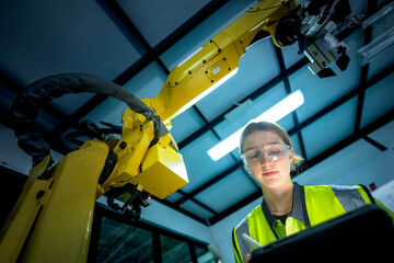 A female maintenance technician performs a preventative maintenance check on a 6-axis robotic arm's end-effector, ensuring the system's precision on the production line.