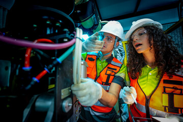 A team of diverse engineers in safety gear performs a maintenance inspection on an industrial robot. They are working together to solve a technical issue in the factory.