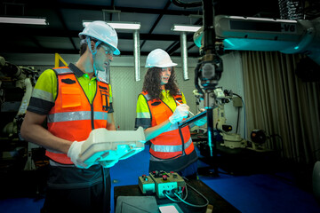 Two maintenance engineers conduct a diagnostic check on a 6-axis robotic arm's hydraulic and electrical systems, collaborating on a preventative maintenance schedule to ensure uptime.
