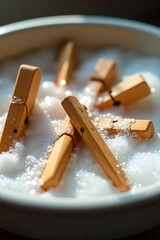 Close-up shot of wooden pegs being washed in a basin of soapy water, bubbles visible Soft natural light illuminates the scene, highlighting the clean, bright pegs , objects, vibrant