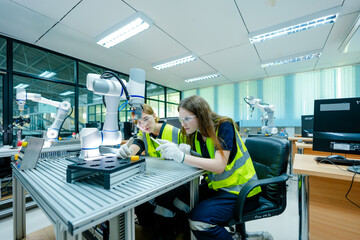 A team of two female engineers in hard hats works together on a large robot arm in a factory. They use a laptop and a controller to program the machine for its job.