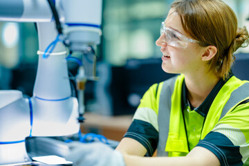 A smiling young woman in a science class learns how to use a modern robot arm. She is happily studying technology and engineering for her future career in a high-tech lab.