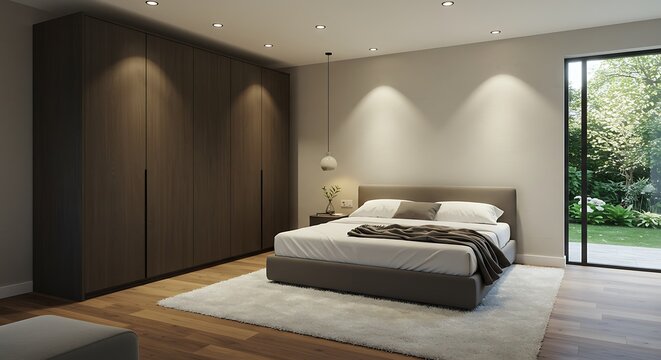 Modern Bedroom Interior Design with Large Wardrobe and King Size Bed, Natural Light