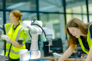 A team of two female engineers in hard hats works together on a large robot arm in a factory. They use a laptop and a controller to program the machine for its job.