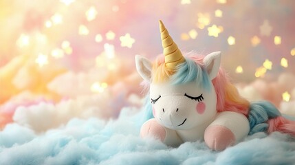 Pastel unicorn toy resting on soft clouds